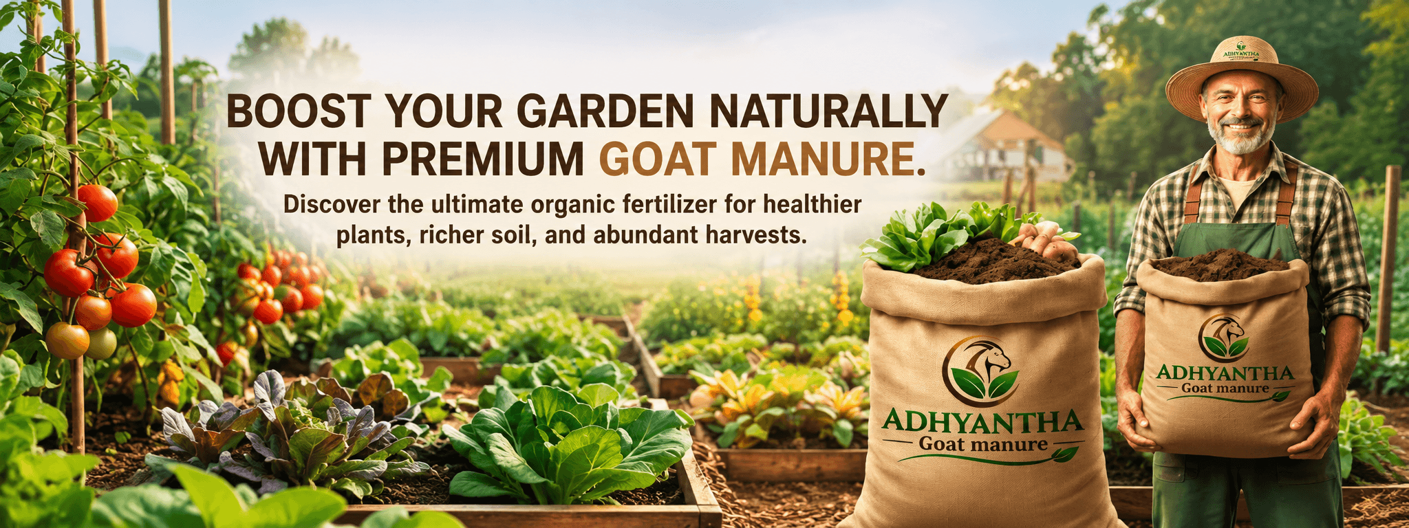 A gardener holding organic goat manure in a thriving garden
